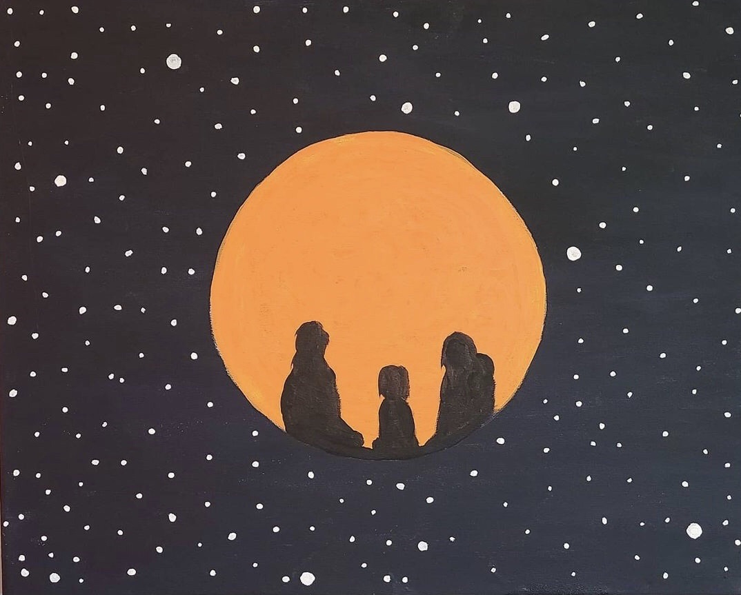 Painting of a moon and stars with three people from three groups of Indigenous peoples: First Nations, Inuit, and Métis.